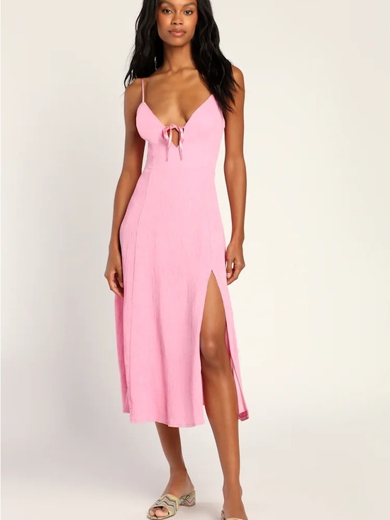 Lulus Dresses & Skirts - Lulu's Pink Tie-Front Spaghetti Strap Midi Dress with Side Slit